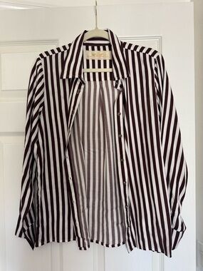 Jen’s Pirate Booty Striped Button-Up Shirt in Brown and White